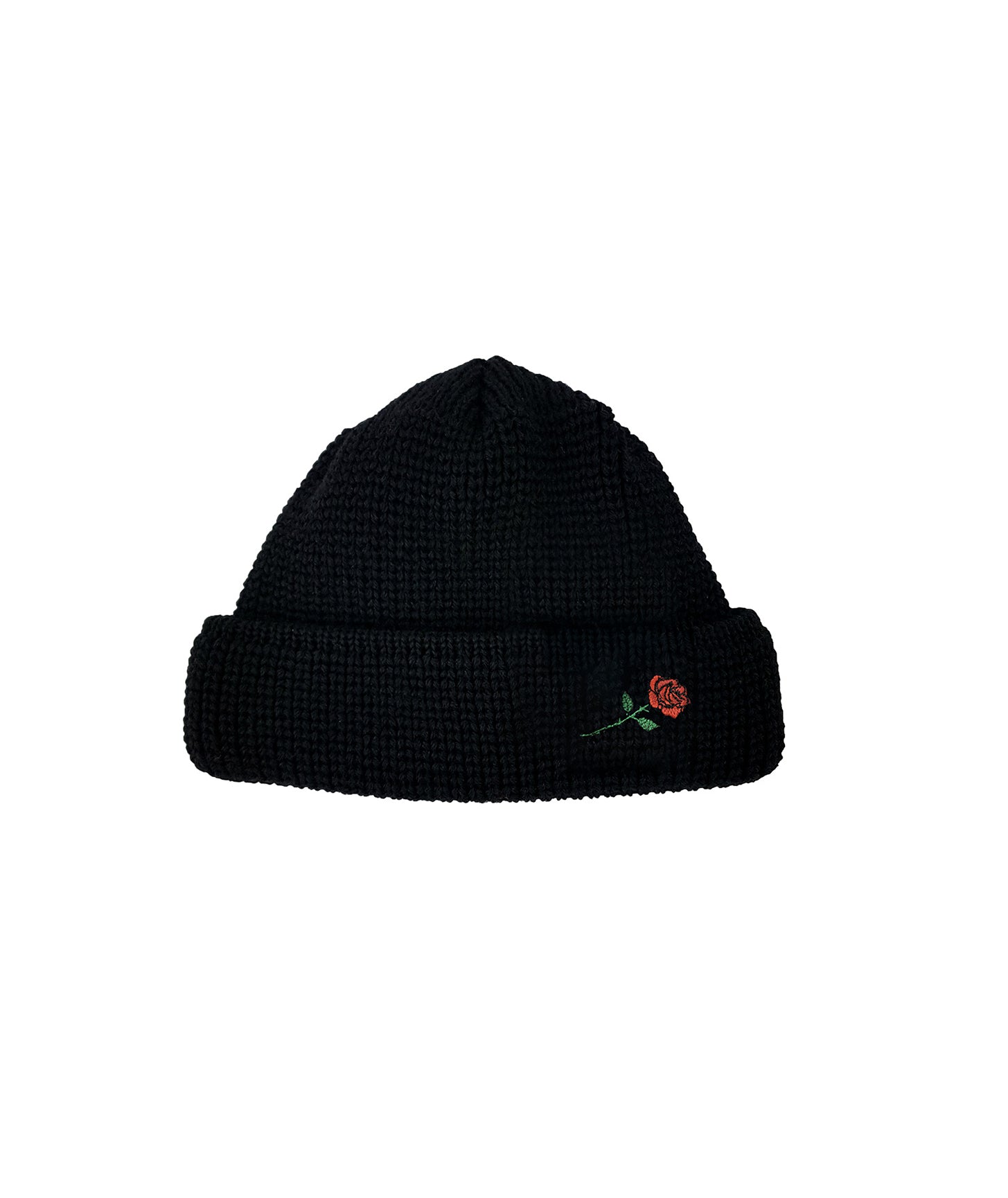 SHORT WOOL ROSE EMBROIDERY BEANIE - BLACK